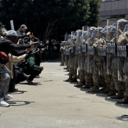 Protestors meeting with National Guard members at the "ICE out of LA" protest on Sunday.
